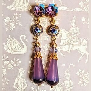 Purple Metallic AB Flower Crystal And Purple Opaline Dangle Earrings